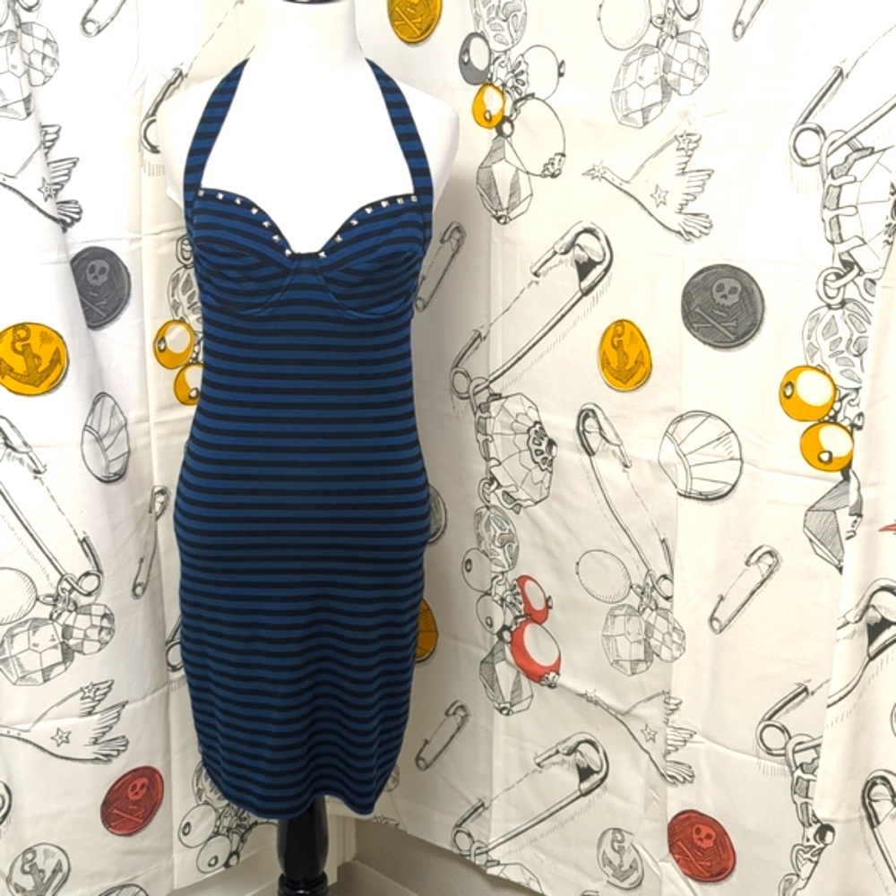 Blk & Blue Striped Wiggle Dress by Switchblade Stiletto